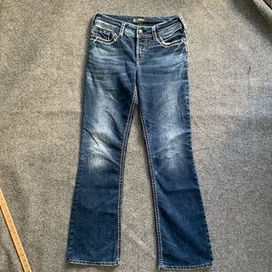 Silver Jeans 29 x 33 Suki Mid Boot Dark Wash Denim Blue Embroidered Jeans